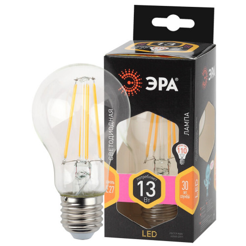 Лампа светодиодная F-LED A60-13W-827-E27 (филамент, груша, 13Вт, тепл., Е27) | Б0035027 | ЭРА