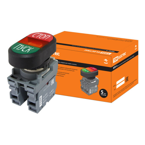 Кнопка двойная MPD4-11R (зеленая/красная) (LED) в сборе d22мм/24В (ПУСК/СТОП) линза красная | SQ0747-0066 | TDM