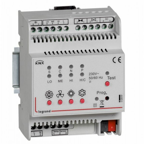 KNX. Контроллер управления фанкоилами ON-OFF (3 скорости вентилятора, 2 клапана ON-OFF, доп.бинарный вход). DIN 4 модуля | 002697 | Legrand
