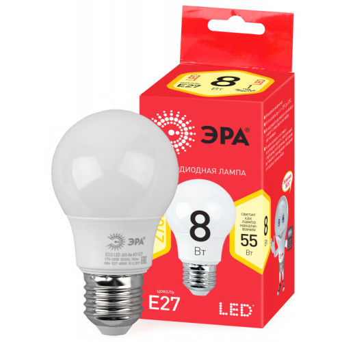 Лампа светодиодная ECO LED A55-8W-827-E27 Лампы СВЕТОДИОДНЫЕ ЭКО ЭРА (диод, груша, 8Вт, тепл, E27) | Б0032095 | ЭРА