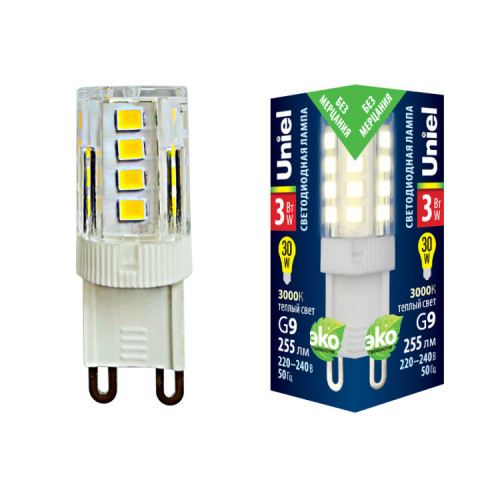 Лампа светодиодная LED-JCD-3W/3000K/G9/CL GLZ09TR LED, прозр 3000К | UL-00006746 | Uniel