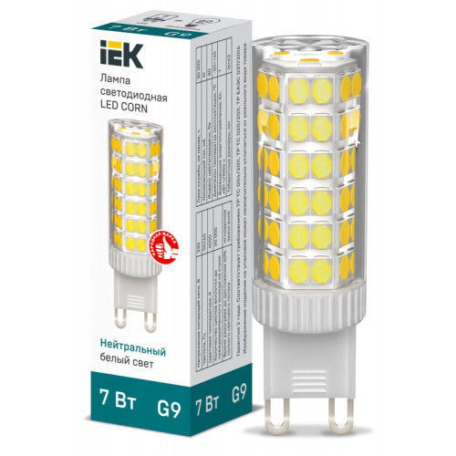 Лампа светодиодная CORN капсула 7Вт 230В 4000К керамика G9 IEK | LLE-CORN-7-230-40-G9 | IEK