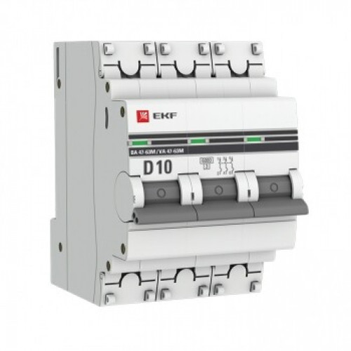 Выключатель автоматический трехполюсной 3P 10А (D) 6кА ВА 47-63M без теплового расцепителя EKF PROxima | mcb4763m-6-3-10D-pro | EKF