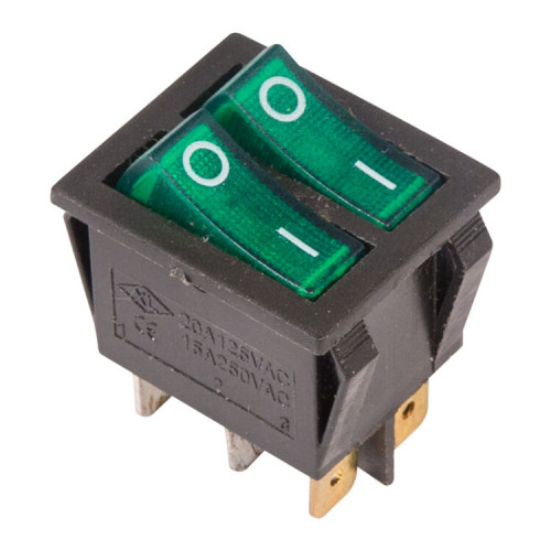 Выключатель клавишный 250V 15А (6с) ON-OFF зеленый с подсветкой ДВОЙНОЙ | 36-2412 | REXANT