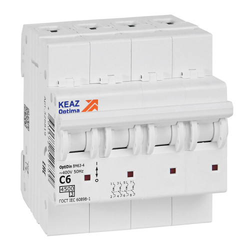 Выключатель автоматический четырехполюсной OptiDin BM63-4C6-4,5-УХЛ3 | 326819 | КЭАЗ