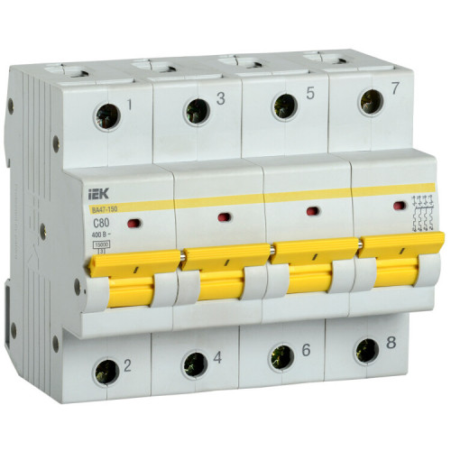 Выключатель автоматический четырехполюсный ВА47-150 80А C 15кА | MVA50-4-080-C | IEK