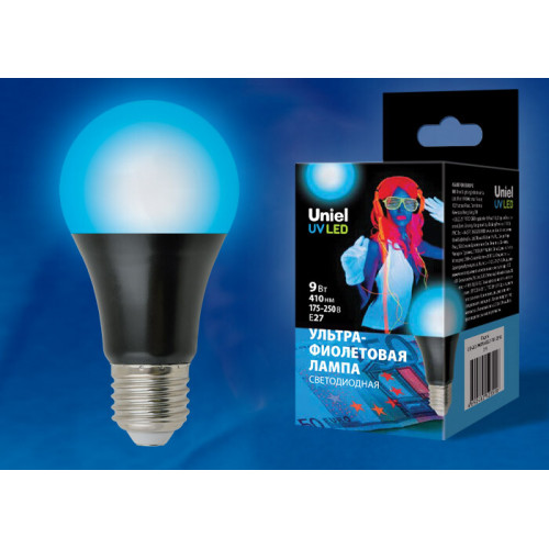 Лампа светодиодная LED-A60-9W/UVAD/E27/FR PLZ07BK LED ультрафиолетовая для дискотек . Спектр UVA 410нм | UL-00005855 | Uniel