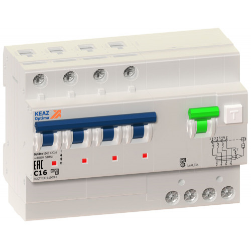 Выключатель автоматический дифференциального тока с защитой от сверхтоков OptiDin VD63-43D63-A-УХЛ4 (4P, D63, 100mA) (КЭАЗ) | 338391 | КЭАЗ