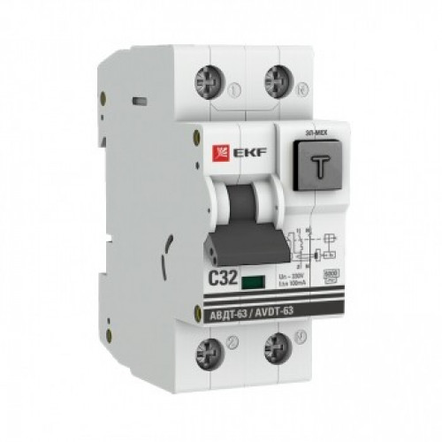 Выключатель автоматический дифференциальный АВДТ-63 32А/100мА (характеристика C, электромеханический, тип AС) 6кА PROxima | DA63-32-100em-AC | EKF