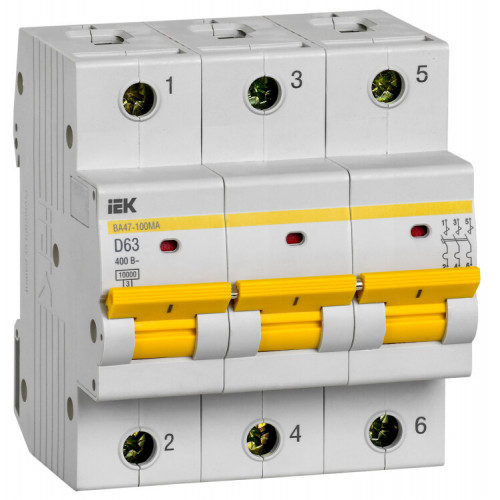 Выключатель автоматический трехполюсной ВА47-100МА без теплового расцепителя 3P 63А 10кА D | MVA43-3-063-D | IEK