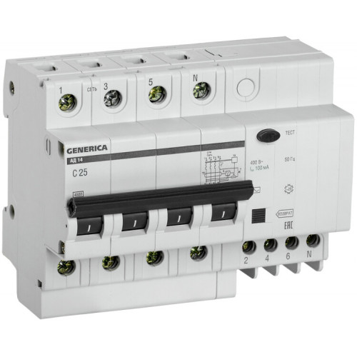 Выключатель автоматический дифференциального тока АД14 GENERICA 4п 25А C 100мА тип AC (7 мод) | MAD15-4-025-C-100 | IEK