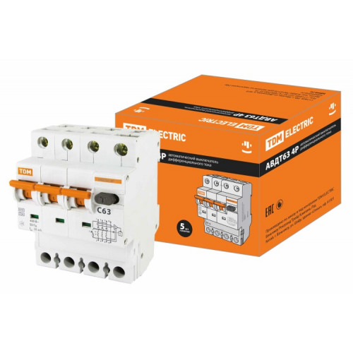 Выключатель автоматический дифференциального тока АВДТ 63 3п+N 63А C 30мА тип A | SQ0202-0055 | TDM