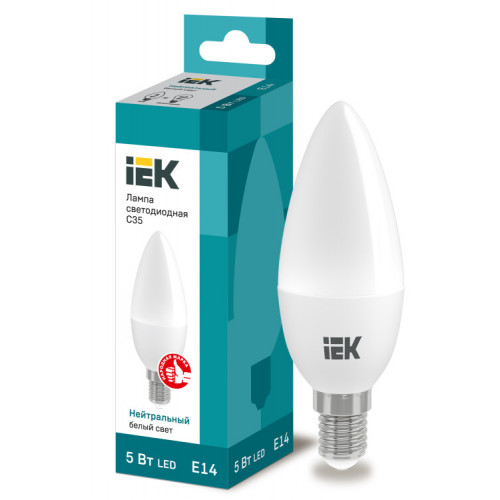 Лампа светодиодная LED 5Вт Е14 220В 4000К C35 свеча | LLE-C35-5-230-40-E14 | IEK