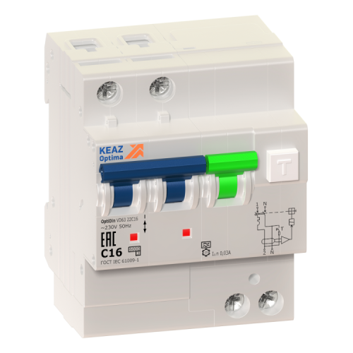 Выключатель автоматический дифференциального тока с защитой от сверхтоков OptiDin VD63-21B10-A-УХЛ4 (2P, B10, 10mA) (КЭАЗ) | 338285 | КЭАЗ