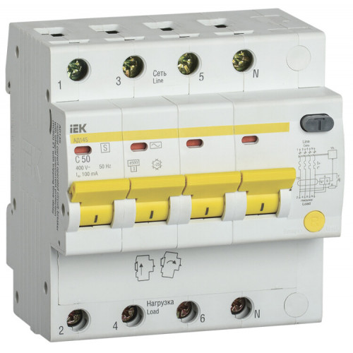 Выключатель автоматический дифференциального тока АД14S 4п 50А C 100мА тип AC (5 мод) | MAD13-4-050-C-100 | IEK