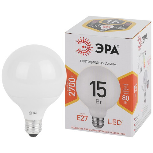 Лампа светодиодная LED G95-15W-2700K-E27 (диод, шар декор, 15Вт, тепл, E27) (20/560) | Б0049077 | ЭРА