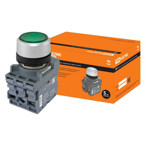 Кнопка MP1-21G(LED) в сборе d22мм/24В 1з+1р зеленая | SQ0747-0018 | TDM