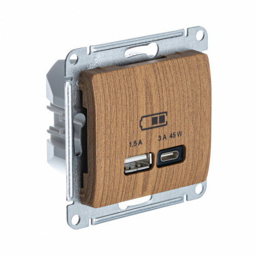 GLOSSA ДЕРЕВО ДУБ USB РОЗЕТКА A + тип-C 45W высокоскор.заряд. QC PD | GSL000529 | SE