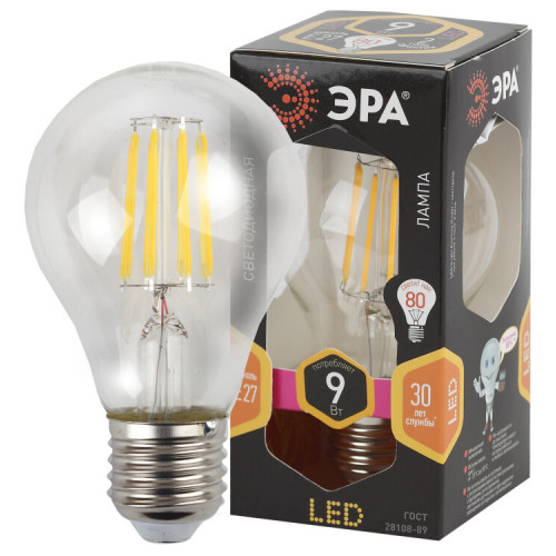 Лампа светодиодная F-LED A60-9W-827-E27 (филамент, груша, 9Вт, тепл, Е27) | Б0043433 | ЭРА