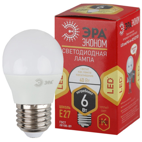 Лампа cветодиодная ECO LED P45-6W-827-E27 (диод, шар, 6Вт, тепл, E27. (10/100/3600) | Б0020629 | ЭРА