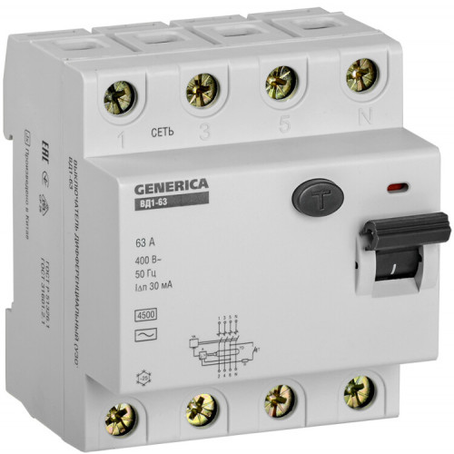 Выключатель дифференциальный (УЗО) ВД1-63 4п 63А 30мА тип AC GENERICA | MDV15-4-063-030 | IEK