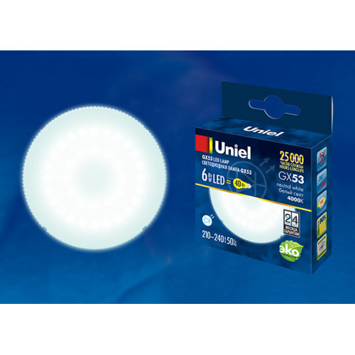 Лампа светодиодная LED-GX53-6W/NW/GX53/FR PLZ01WH LED, матовая. . | UL-00001669 | Uniel