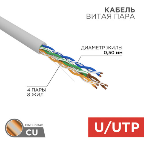 Кабель UTP 4PR 24AWG, CU (медь), CAT5e, 100 МГц, PVC, серый, бухта 50 м | 01-0043-50 | REXANT