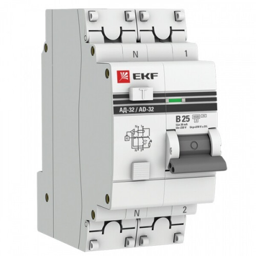 Выключатель автоматический дифференциальный АД-32 1P+N 25А/30мА (характеристика B, AC, электронный, защита 270В) 4,5кА PROxima | DA32-25-B-30-pro | EK