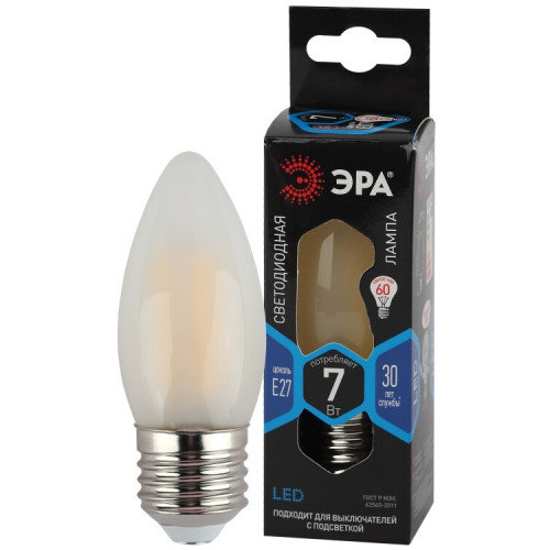 Лампа светодиодная F-LED B35-7W-840-E27 frost (филамент, свеча мат, 7Вт, нейтр, E27) | Б0046990 | ЭРА