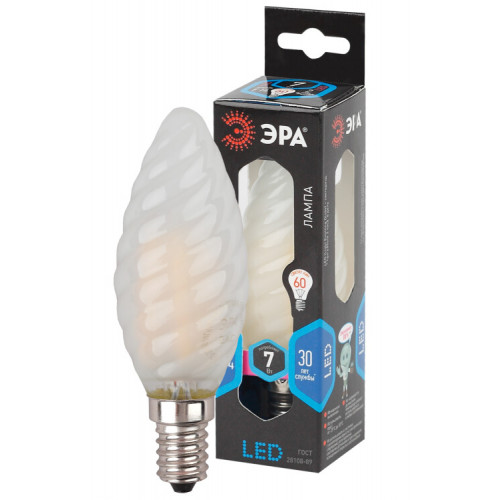Лампа светодиодная F-LED BTW-7W-840-E14 frost (филамент, свеча витая мат., 7Вт, нейтр, E14) (10/100/2800) | Б0027963 | ЭРА