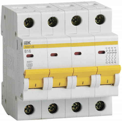 Выключатель автоматический четырехполюсный ВА47-29 16А B 4,5кА | MVA20-4-016-B | IEK