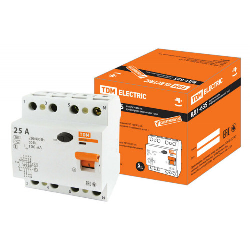 Выключатель дифференциальный (УЗО) ВД1-63S 4п 25А 100мА тип AC | SQ0203-0064 | TDM