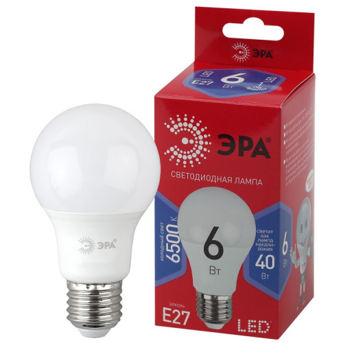 Лампа светодиодная ЭКО LED A60-6W-865-E27 R (диод, груша, 6Вт, хол, E27) | Б0048501 | ЭРА
