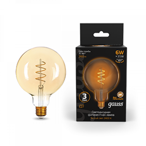 Лампа светодиодная Black LED Filament G120 Flexible E27 6W Golden 360lm 2400К | 158802008 | Gauss