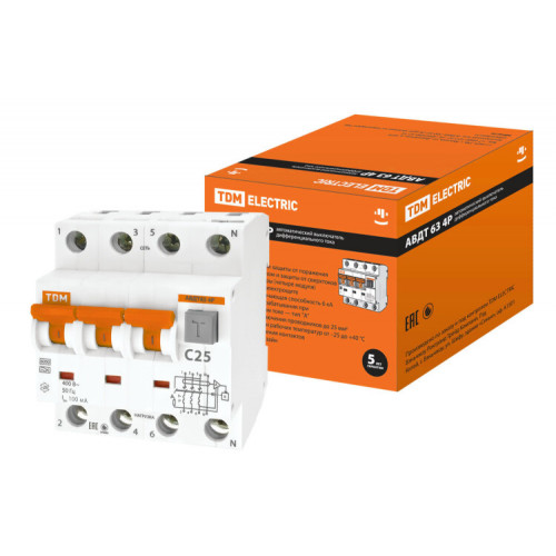Выключатель автоматический дифференциального тока АВДТ 63 3п+N 25А C 100мА тип A | SQ0202-0022 | TDM