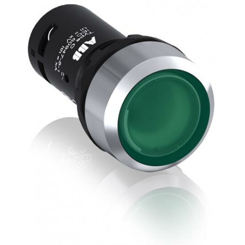 Кнопка с подсветкой CP1-31G-10 зеленая 24В AC/DC с плоской клавишей без фиксации 1НО, металл.кольцо|1SFA619100R3112| ABB