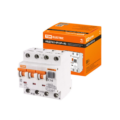 Выключатель автоматический дифференциального тока АВДТ 63 3п+N 16А C 30мА тип A | SQ0202-0017 | TDM