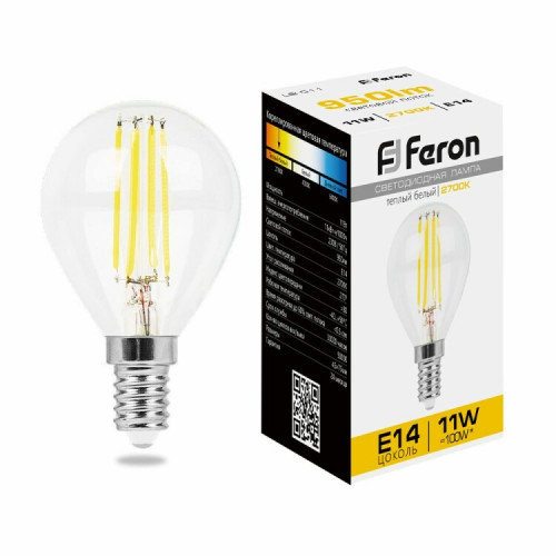Лампа светодиодная LB-511 (11W) 230V E14 2700K филамент G45 прозрачная | 38013 | FERON