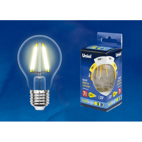 Лампа светодиодная LED-A60-7W/WW/E27/CL/MB GLM10TR LED «груша», прозр Серия Multibright. 3000K 100-50-10 . | UL-00002366 | Uniel