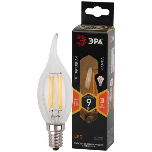 Лампа светодиодная F-LED BXS-9W-827-E14 (филамент, свеча на ветру, 9Вт, тепл, E14) | Б0047003 | ЭРА