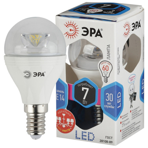 Лампа светодиодная LED P45-7W-840-E14-Clear (диод,шар,7Вт,нейтр,E14) | Б0020552 | ЭРА