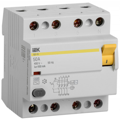 Выключатель дифференциальный (УЗО) ВД1-63 4п 50А 100мА тип AC | MDV10-4-050-100 | IEK