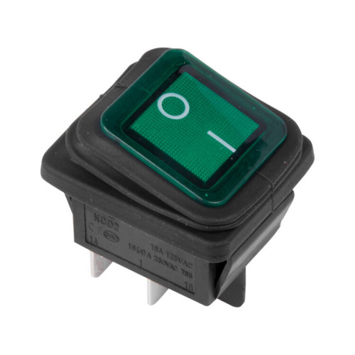 Выключатель клавишный 250V 15А (4с) ON-OFF зеленый с подсветкой ВЛАГОЗАЩИТА | 36-2362 | REXANT
