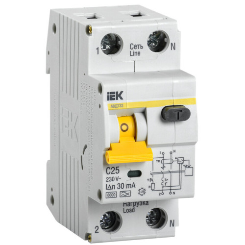 Выключатель автоматический дифференциального тока АВДТ 32 1п+N 25А C 30мА тип A | MAD22-5-025-C-30 | IEK