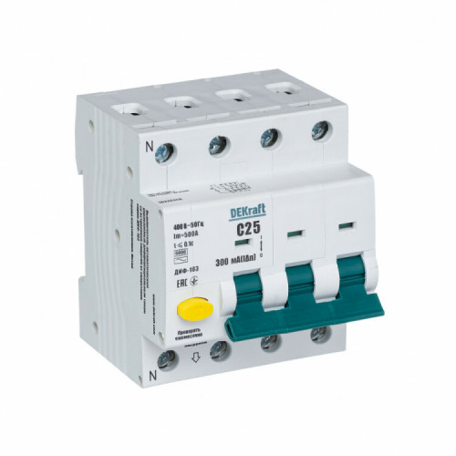 Автоматический выключатель дифференциального тока АВДТ 3Р+N 25А 300мА тип AC х-ка С ДИФ-103 6кА | 16222DEK | DEKraft