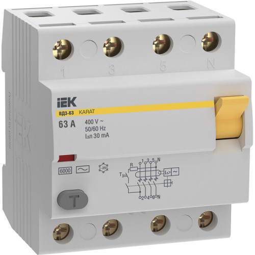 Выключатель дифференциальный (УЗО) ВД3-63 4P 63А 30мА 6кА тип АС KARAT | MDV20-4-063-030 | IEK