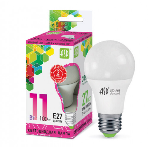 Лампа светодиодная LED-A60-standard 11Вт 230В Е27 6500К 990Лм | 4690612014197 | ASD