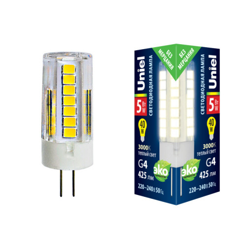 Лампа светодиодная LED-JC-220/5W/3000K/G4/CL GLZ09TR LED, прозр 3000К | UL-00006744 | Uniel