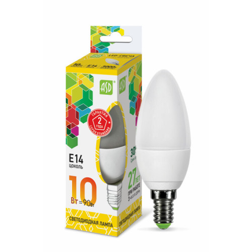 Лампа светодиодная LED-СВЕЧА-standard 10Вт 230В Е14 3000К 900Лм | 4690612015507 | ASD