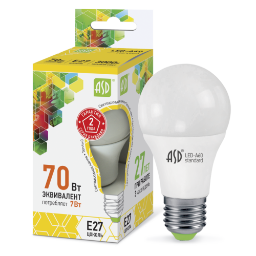 Лампа светодиодная LED-A60-standard 7Вт 230В Е27 3000К 630Лм | 4690612001692 | ASD